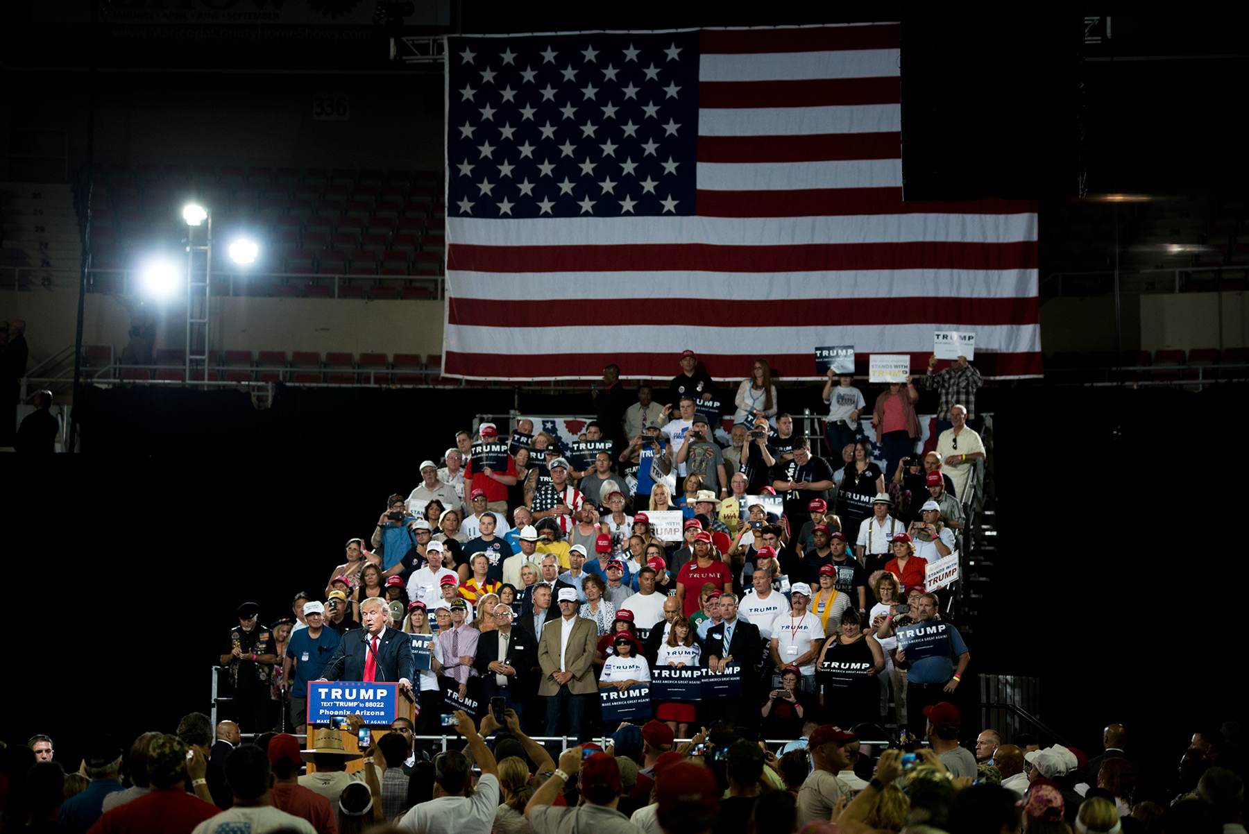 Republican presidential candidate Donald Trump holds a rally in Phoenix. Trump has claimed fraudulent voters will be able to cast multiple ballots without voter ID laws in place. (Roman Knertser/News21)