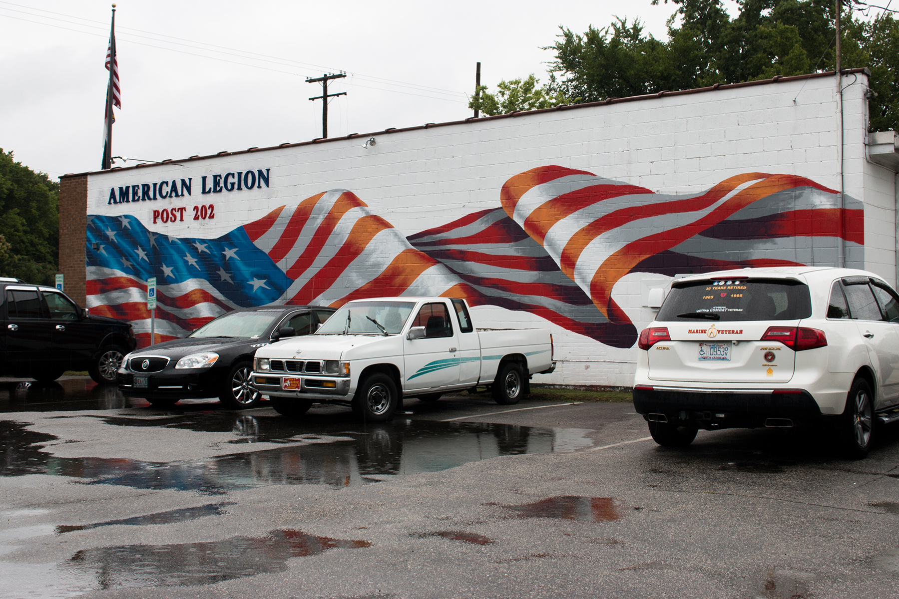 This American flag mural at American Legion Post 202 in Fayetteville gained national notoriety when it was featured in a segment on the “Steve Harvey” show.  (Michael Olinger/News21)